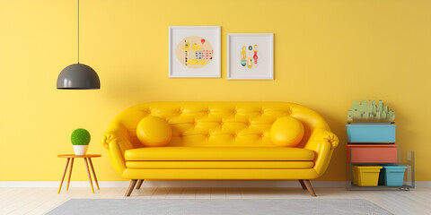 Lavish Living  Inspired Interior Designs A yellow wall with white chats on dring on it and a yellow sofa near by small wooden table and small plant on it with white surface Ai Generative