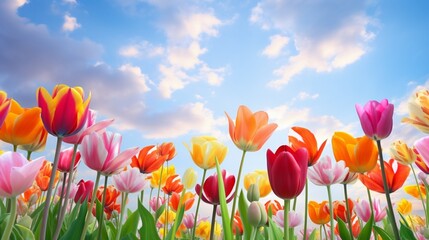 Vibrant tulips in full bloom, creating a colorful tapestry against a springtime sky.