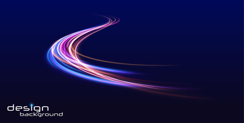Long exposure of motorways as speed. Neon spiral lines in yellow blue and purple colors. Image of speed motion on the road.	