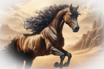 horse at sunset color illustration created with generative AI software.