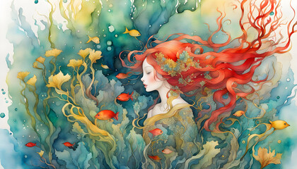 Obraz na płótnie Canvas Digital watercolor illustration with a crimson girl, seaweed and underwater flowers,