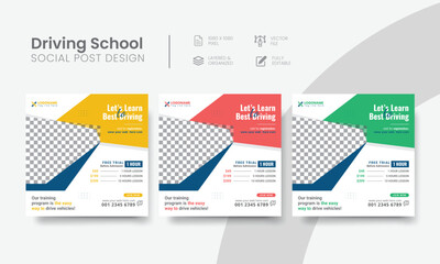 Driving school social media post for wanted to learn promo ads design. High-quality vehicle driving school social media post layout for promotional advertising. Vol - 7