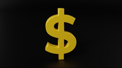3d dollar sign in gold color, golden dollar sign 3d render on black background