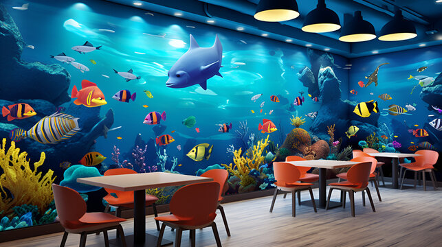 a restaurant with a mural of fish and corals on the wall, a digital rendering by senior environment artist, behance contest winner, lyco art, vray, artstation hq, behance hd
