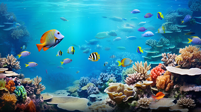 a painting of a coral reef with a variety of fish, a digital rendering by David Martin, behance contest winner, environmental art, behance hd, uhd image, playstation 5 screenshot

