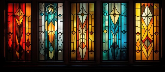 Geometrically arranged stained glass windows in historic doors allow diffused light through lead sealed art nouveau cubist styles
