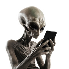 Alien operating mobile phone on transparent background PNG