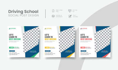 Driving school social media post for wanted to learn promo ads design. High-quality vehicle driving school social media post layout for promotional advertising. Vol - 15