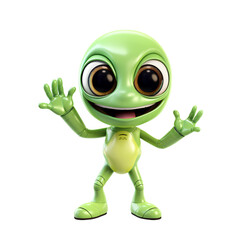 Alien raising hands to greet humans on transparent background PNG. Hello Earth concept.