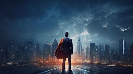 Dynamic Global Collaboration: Superhero Businessman Leading Partnerships in Cityscape Conference...
