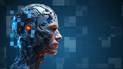 malfunction AI robot, angry steel android, metal skull with red glowing eyes