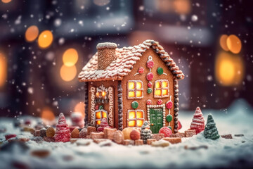 Homemade Christmas Gingerbread House With Bokeh Background.