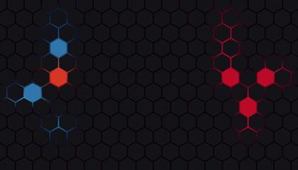 Dark red and blue hexagon abstract technology background with red and blue colored bright flashes under hexagon.
