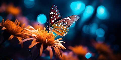 Vibrant butterfly pollinates fragility of single flower  - obrazy, fototapety, plakaty