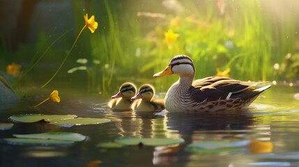 A family of ducks swimming in a tranquil pond, the ducklings following the mother in a neat line. - obrazy, fototapety, plakaty