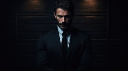Fototapeta premium Arrogant Man in Dark Room: Minimalistic Superb Clean Image AI Generated