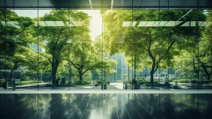 Foto op Canvas Striking Double Exposure: Corporate Glass Building Embracing Sustainability – ESG Concept with Green Reflections, Business Partner Success, and Trust © Nazia