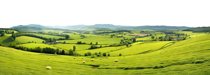 Tranquil countryside landscape with rolling hills and farm fields, cut out - obrazy, fototapety, plakaty
