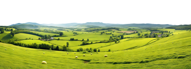 Tranquil countryside landscape with rolling hills and farm fields, cut out