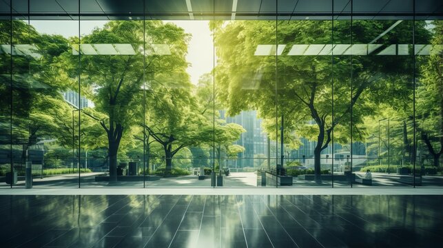 Striking Double Exposure: Corporate Glass Building Embracing Sustainability – ESG Concept With Green Reflections, Business Partner Success, And Trust