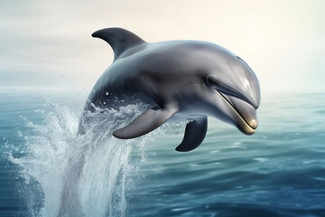 Nature, wildlife, animals concept. Happy dolphin jumping out of ocean or sea. Nautical background with copy space