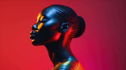 Black African Woman Posing in Studio with Colorful Lights AI Generated