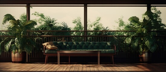 Balcony with floor plants two couches facing away from camera