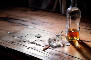 Obraz na płótnie Canvas An alcohol kills. An empty alcohol bottle on a table on a dark background. The concept of alcohol dependence. An empty alcohol bottle on the table 
