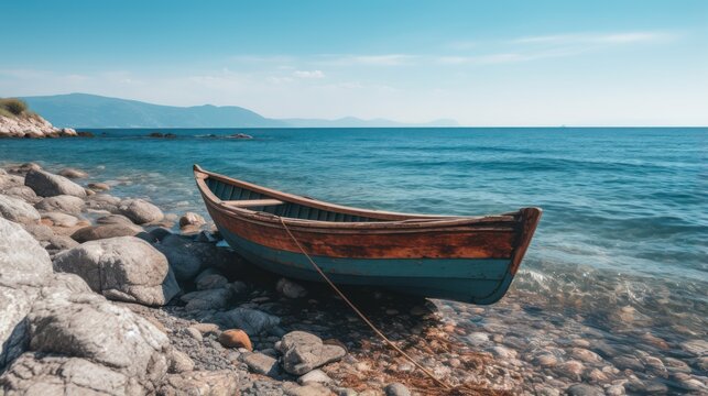 Minimalistic Superb Clean Image of Boat on the Rocky Coast AI Generated