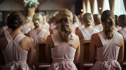 Minimalistic Bridesmaids Watching Wedding Ceremony AI Generated - obrazy, fototapety, plakaty