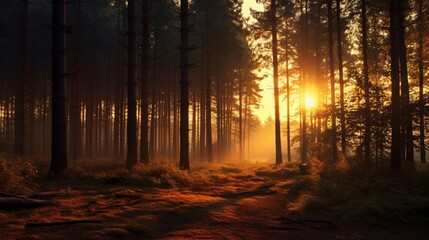 A forest clearing bathed in the golden glow of sunset, the trees casting long, stretching shadows.