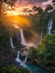 charming vivid HDR illustration of jungle with waterfall and sunset rays in the background. Generative Ai.