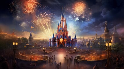 Beautiful fireworks at night above a castle, art. Stunning night fireworks show. Bright and colorful firework display at a carnival celebration. Kingdom lit with gorgeous fireworks and illustrations.