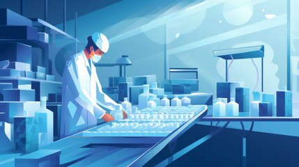Scientist working in a laboratory on a new vaccine, science research art. Development of medicaments concept. Pills manufacturing, a single doctor in a pharmaceutical lab, vector illustration.