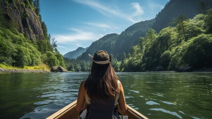 Back view of young blonde woman traveling a boat on beautiful mountain river among mountains. Girl traveler in a hat on a boat on the background of mountains on an azure mountain river. Travel concept - obrazy, fototapety, plakaty
