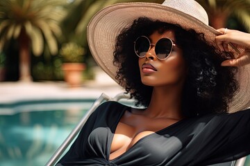 Curly haired woman in straw hat and sunglasses, reclining on lounge chair. Ideal for summer and fashion content.