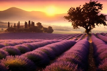 Rows of vibrant lavender under pastel dawn sky, mountains in distance. Perfect for travel or agriculture.