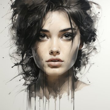Portrait of a beautiful young woman with a fashion hairstyle, art. Beautiful black and white watercolor and painting of a young girl with dripping paint. Close-up face Vector illustration of a female.