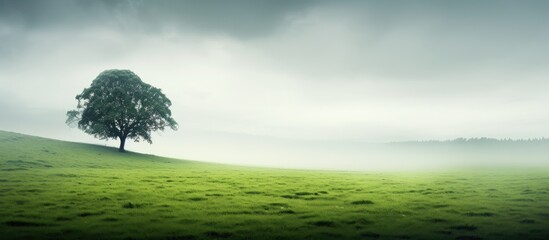 Lonesome trees within misty green meadow - obrazy, fototapety, plakaty