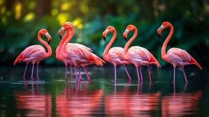 A group of vibrant flamingos gathered around a serene water body, their reflections creating a mirror image.