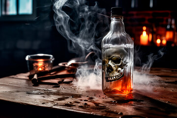 An alcohol bottle on a table against an adicttion. The concept of alcohol dependence. A skull empty alcohol bottle on the table with an empty glass partially filled with moonshine