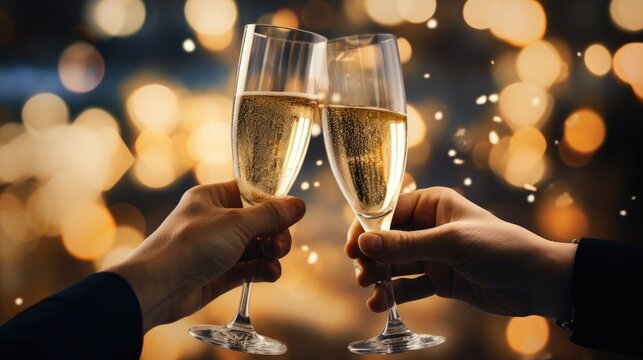 close up of hands clinking glasses with champagne over yellow golden bokeh