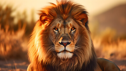 Naklejka premium a lion standing in the desert at sunset