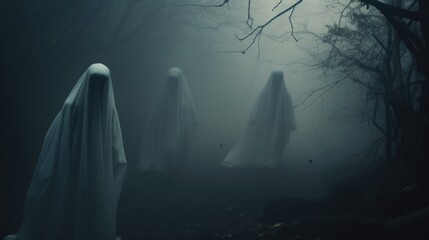 Mysterious entities cloaked in white wander twilight forest. Supernatural mysteries. - obrazy, fototapety, plakaty