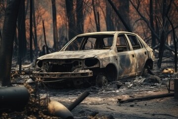 Burnt car aftermath forest fire