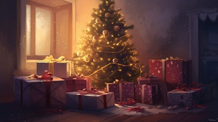 Christmas tree background with a beautifully decorated room, wrapped presents, and glowing lights, evoking a sense of holiday warmth and joy, Artwork, digital illustration,