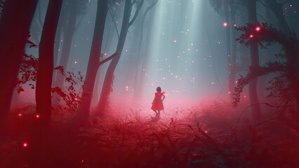 Mystical foggy red gold forest with brick road, a little elf girl and fireflies light background. Magic gold colored fairytale woodland, in the night forest. Fairy tale concept. AI