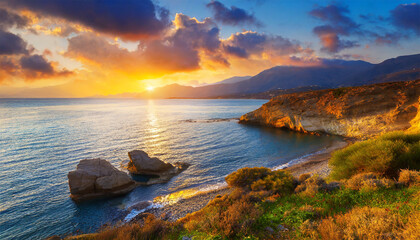 Fototapeta na wymiar Gorgeous scenery featuring the coast of Crete, specifically the Eden Rock area near Lerapetra, Greece. The dawn paints a stunning sky over the sea