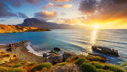 Gorgeous scenery featuring the coast of Crete, specifically the Eden Rock area near Lerapetra,...