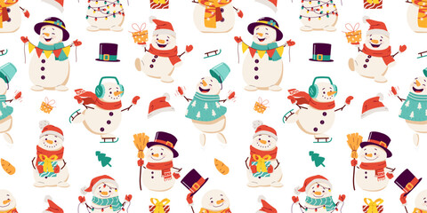 Obraz na płótnie Canvas Christmas seamless pattern set. Fun and cute snowman characters in different expressions and poses, with Santa Claus hat, cylinder